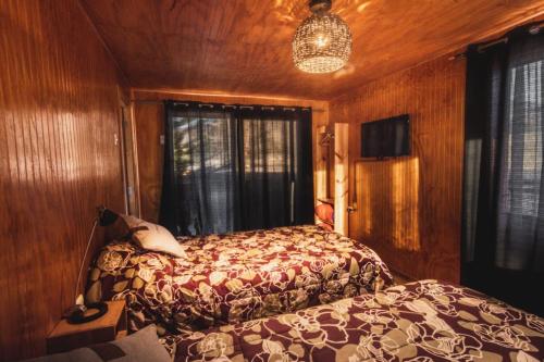 1 dormitorio con 1 cama en una habitación con paredes de madera en Hostel Antawara en Vicuña