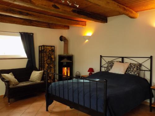 ein Schlafzimmer mit einem Bett, einem Stuhl und einem Kamin in der Unterkunft Domaine de la Mance - Maisonnette avec cheminée in Vitrey