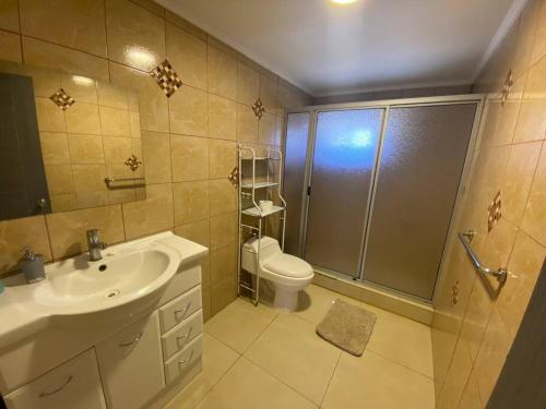 a bathroom with a shower and a sink and a toilet at Casa amoblada, Los Vilos in Los Vilos