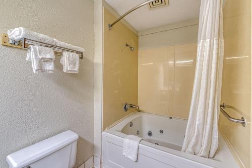 a bathroom with a tub and a toilet and a shower at American Inn & suites in Dundee