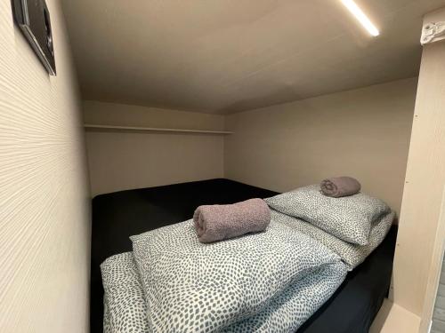 a small room with two pillows on a bed at Sleep&Go Hostel Ljubljana in Ljubljana