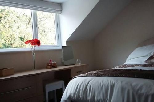 a bedroom with a bed and a window with a red flower at Tudor Cottage, Newby Bridge in Ulverston