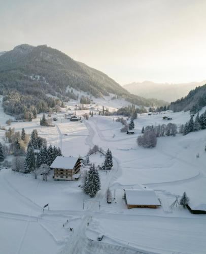 a small village in the snow on a mountain at Heutaler Hof - Hotel im Naturidyll in Unken