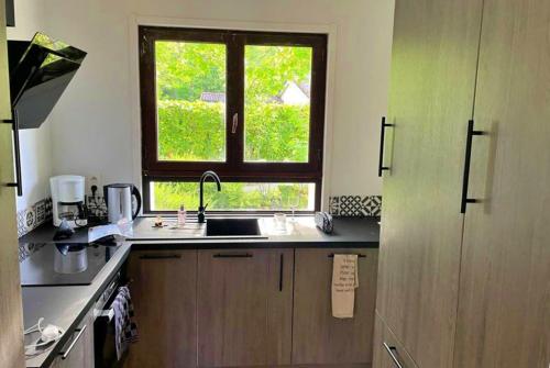 a kitchen with a sink and a window at Vakantie Woning Le Chat Maison 175 in Écuras