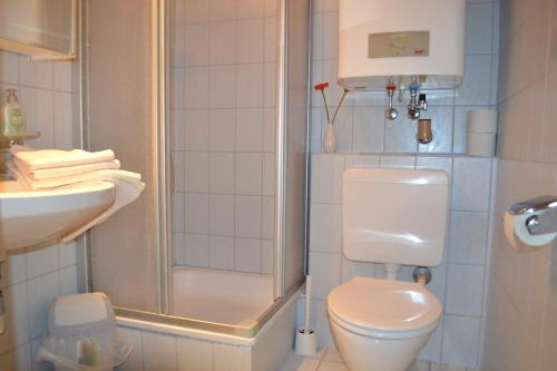 łazienka z prysznicem, toaletą i umywalką w obiekcie Gästehaus Lindermuth w mieście Presseggersee
