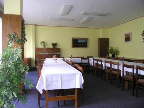 a dining room with a white table and chairs at Penzion Starr in Havlickuv Brod