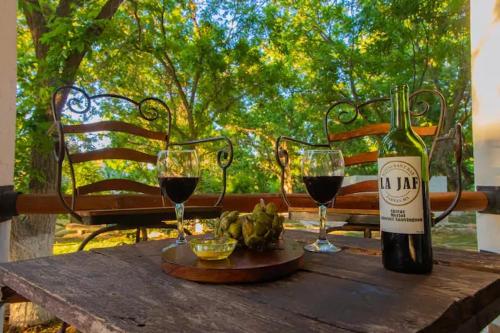 uma mesa com dois copos de vinho e uma garrafa em Quinta San José de las Palomas em Parras de la Fuente
