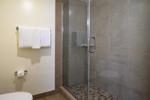 a bathroom with a shower with a glass door at Airtel Plaza Hotel in Van Nuys