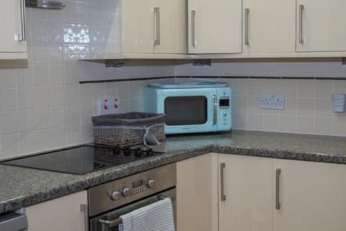 a kitchen with a stove and a blue microwave at Beautiful Bexhill Cottage with garden 3 mins walk to beach in Bexhill