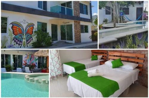 un collage de fotos de un hotel con camas y piscina en Villas del Carmen Holbox en Holbox Island