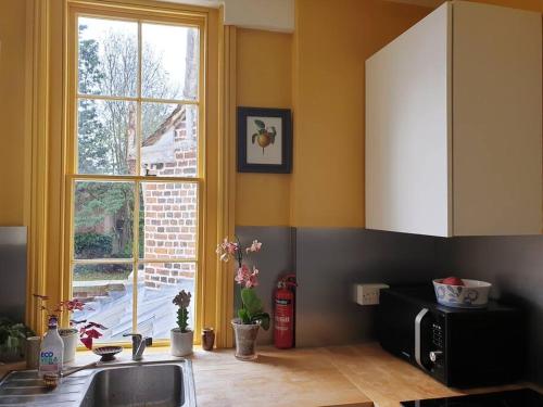 een keuken met een wastafel en een raam bij The Writer's House in Canterbury