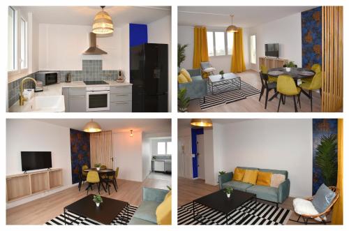 4 fotos de una cocina y una sala de estar en Les Chambres de Troyes - Parking Free Fibre Netflix, en Troyes