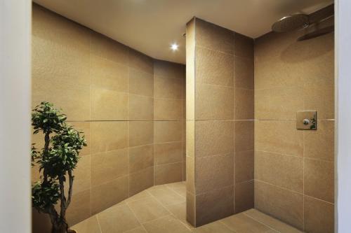 La salle de bains est pourvue d'une douche avec une plante. dans l'établissement Hotel Unterrain, à Appiano sulla Strada del Vino
