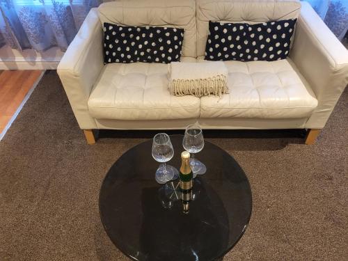 a living room with a white couch and a table with wine glasses at Exclusive apartment in Bristol in Bristol