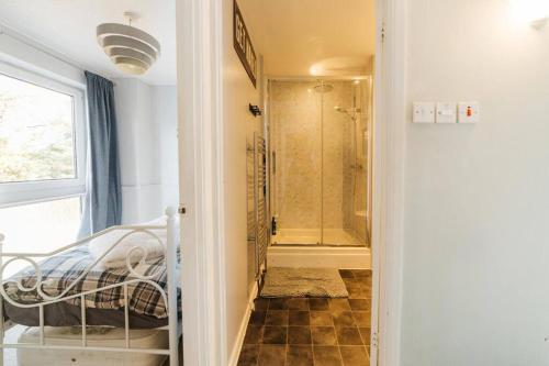 a bathroom with a walk in shower next to a bed at Holloway House in Bath