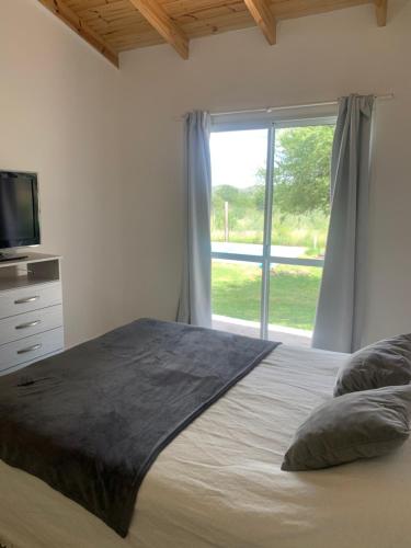 1 dormitorio con 1 cama grande y ventana grande en Las Moras en San Luis