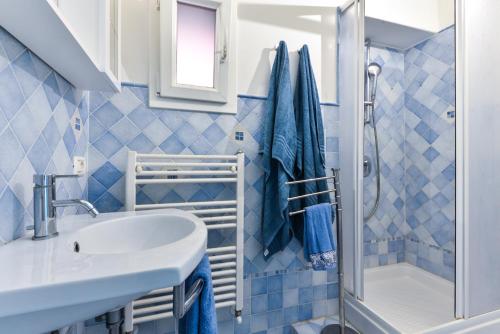 y baño de azulejos azules con lavabo y ducha. en Appartamento per 4 sul mare a Rio Marina, Elba en Rio Marina