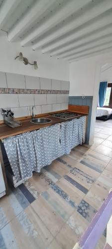 a kitchen with a counter top with a sink at Mountain House departamentos de montaña in Villa Meliquina