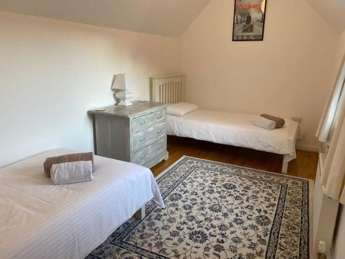 1 dormitorio con 2 camas, vestidor y alfombra en Braunton Breaks - Ambrose Cottage, en Braunton