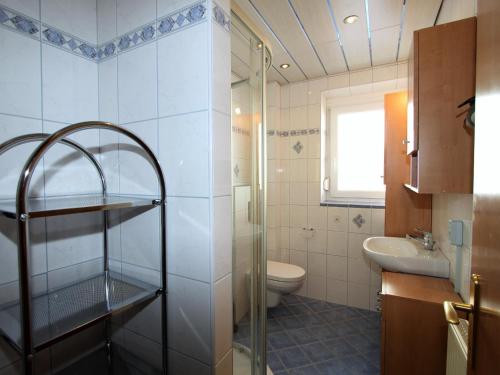 a bathroom with a shower and a toilet and a sink at Laura Rennweg in Rennweg
