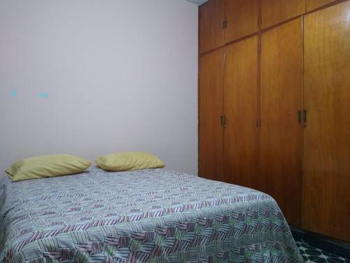 1 dormitorio con 1 cama y armario de madera en Casa céntrica El Rosal (cabaña) en San Rafael