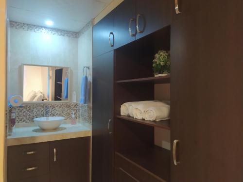 a bathroom with a sink and a mirror at Casita Independiente, Ubicada Atrás de Nuestra Casa in David