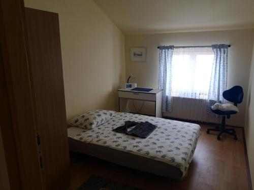 a bedroom with a bed and a desk and a window at Apartman Stanimirović in Zaječar