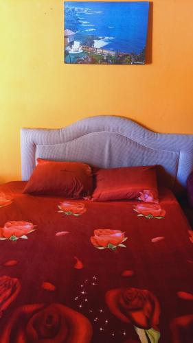 Una cama con una colcha roja con rosas. en Hospedaje Luque, en Luque
