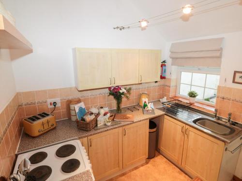 a kitchen with a sink and a counter top at Primrose Cottage in Paignton