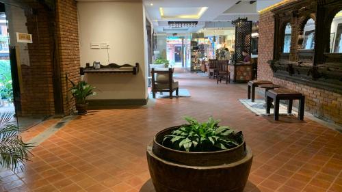 a lobby of a store with a planter in the middle at Hotel Thamel House - 6 km from Boudhanath Stupa, Kathmandu in Kathmandu
