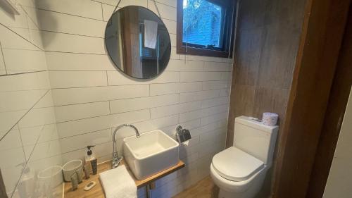 a bathroom with a white toilet and a mirror at Alpine Retreat in Dinner Plain