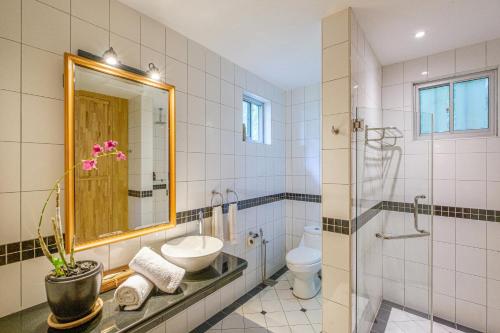 a bathroom with a sink and a toilet and a mirror at Ambong Rainforest Retreat in Pantai Cenang