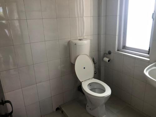 a bathroom with a toilet and a sink and a window at Roots Shoots & Beds in Kalimpong