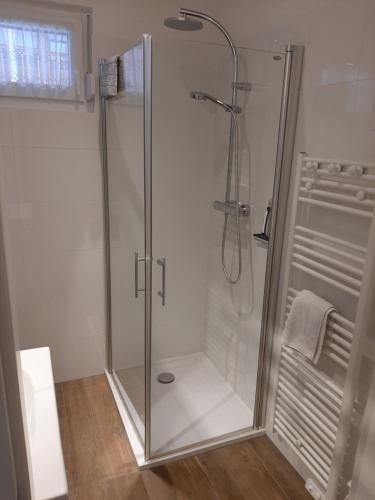 una doccia con cabina in vetro in bagno di Apartment Bella a Turracher Hohe