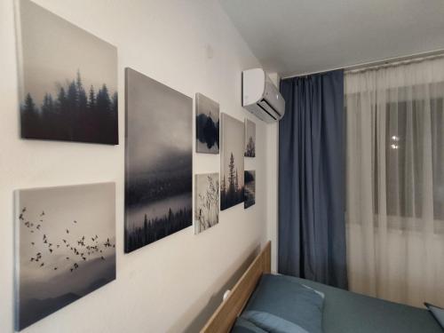 - un salon avec des photos sur le mur dans l'établissement Stan na dan Brcko centar grada, à Brčko