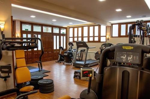 Un gimnasio con cintas de correr y elípticas en una habitación. en Hotel Zlatiborska Noc, en Užice