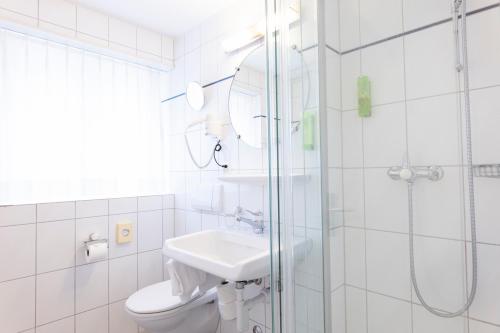 ein Bad mit einer Dusche, einem WC und einem Waschbecken in der Unterkunft Self Check-In Hotel David 22 in St. Gallen