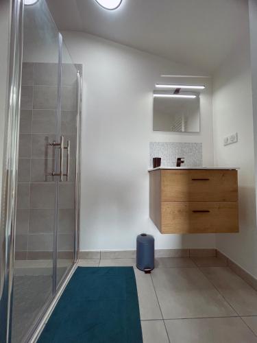 une salle de bain avec un lavabo et une douche dans l'établissement La Villa Morey, à Casteljaloux