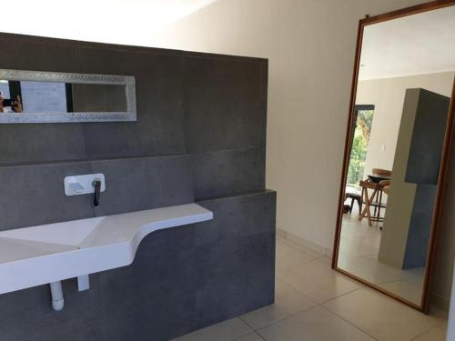 a bathroom with a white sink and a mirror at Crocodile Sands River Lodge in Nelspruit