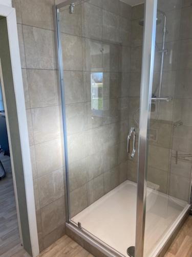 a shower with a glass door in a bathroom at Le Boca in Les Waleffes