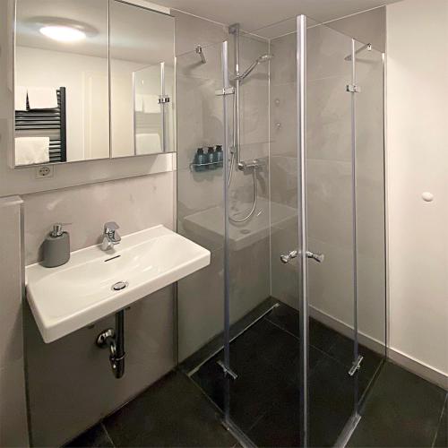 a bathroom with a sink and a shower at Nurban Apartments Oldtown in Nürnberg