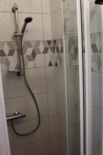 a bathroom with a shower with a glass door at Sigulda City Center Holiday House in Sigulda