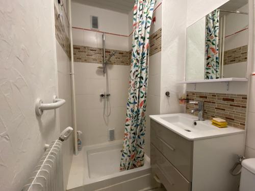 a bathroom with a shower and a sink and a tub at Le Montjuger - Studio cosy proche des thermes de Royat in Royat