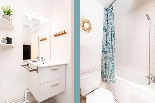 - deux images d'une salle de bains avec un lavabo et une douche dans l'établissement L'Alto - Toulousecozyflat - Centre- Parking - Métro, à Toulouse