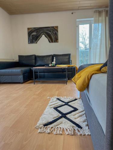 sala de estar con sofá y alfombra en Schöne moderne Wohnung Smart Tv, en Waldstetten