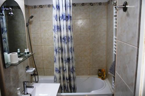 La salle de bains est pourvue d'une baignoire, d'un lavabo et d'une douche. dans l'établissement Premium family apartment, Floreasca area, à Bucarest