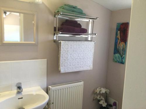 a bathroom with a sink and a toilet and a mirror at The Annex Rocket cottage in Sidestrand