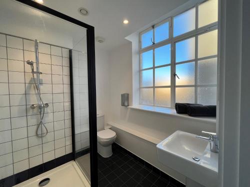 a bathroom with a shower and a sink and a toilet at The Bristol Wing in Bristol