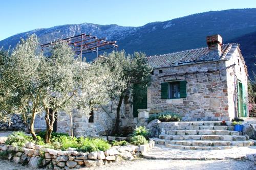 a stone house with some trees and stairs at Lavender Cottage in Trpanj