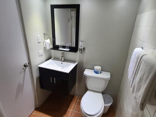 a bathroom with a white toilet and a sink at Parador Palmas de Lucia in Yabucoa